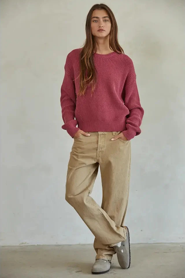 Cotton Ribbed Knit Long Sleeve Pullover Sweater