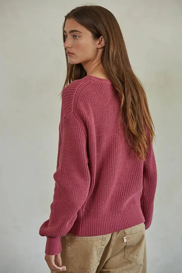 Cotton Ribbed Knit Long Sleeve Pullover Sweater