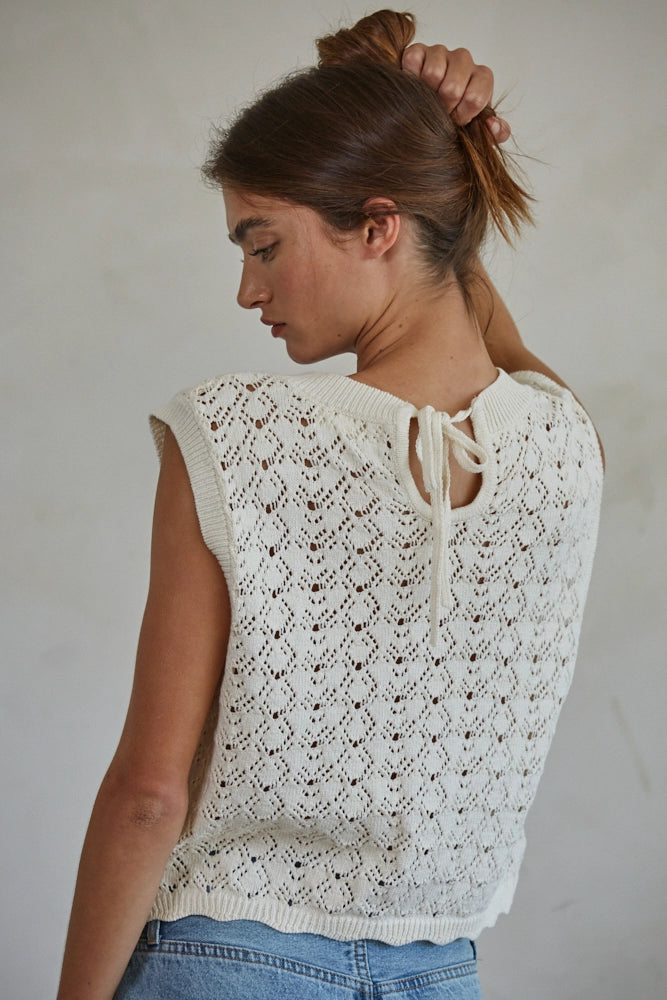 Cotton Crochet V-Neck Button Down Vest