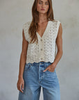 Cotton Crochet V-Neck Button Down Vest