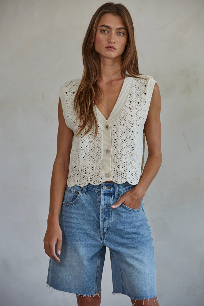 Cotton Crochet V-Neck Button Down Vest