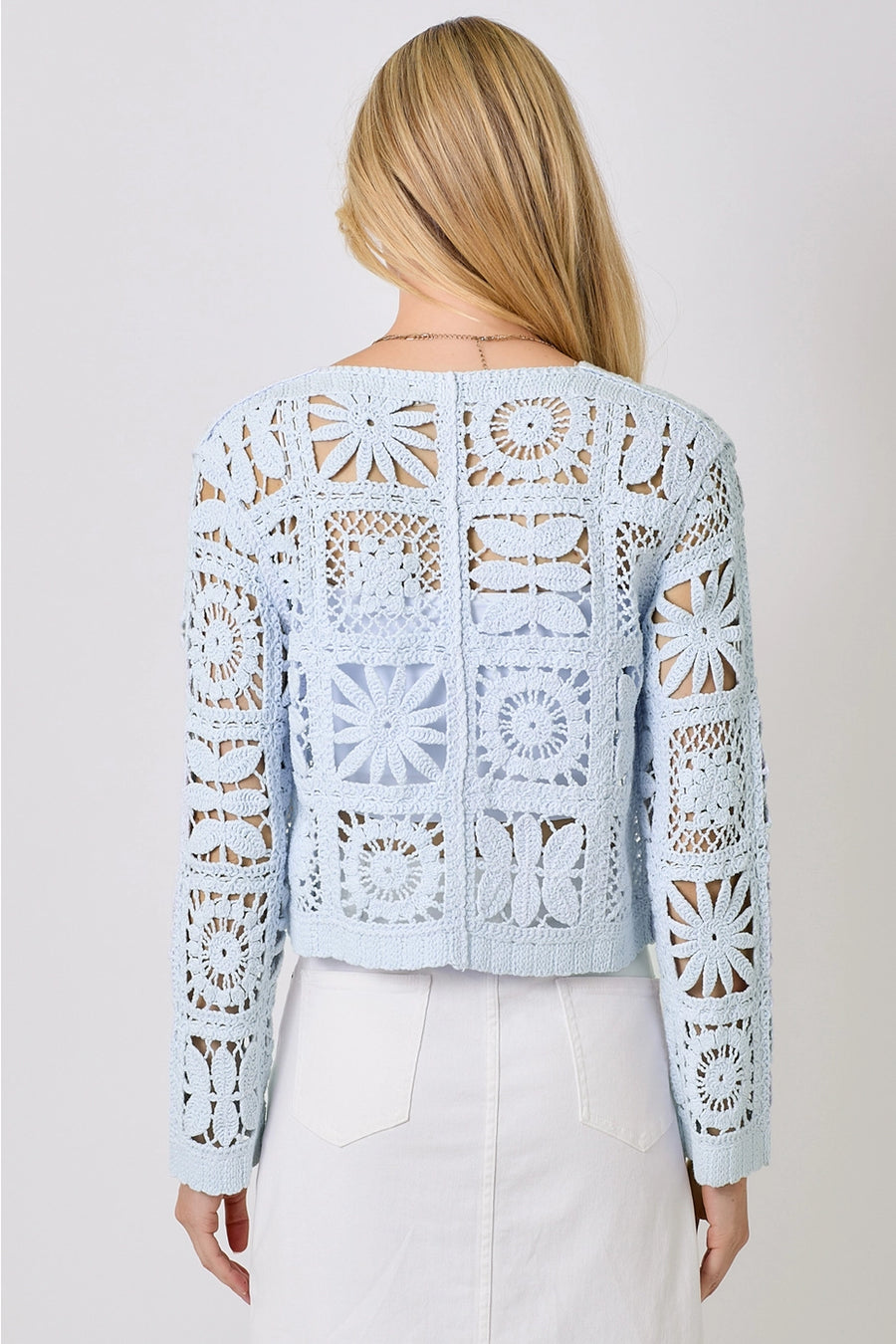 Baby Blue Blossoms Crochet Button Up Cardigan