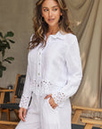 Linen Button Down Top with Embroidery Trim