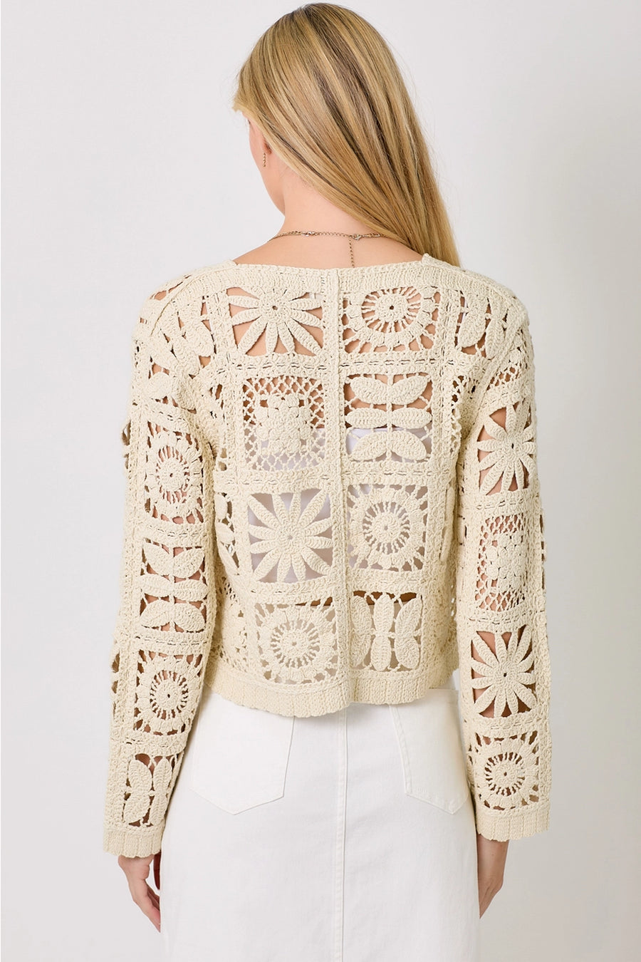 Beige Blossoms Crochet Button Up Cardigan