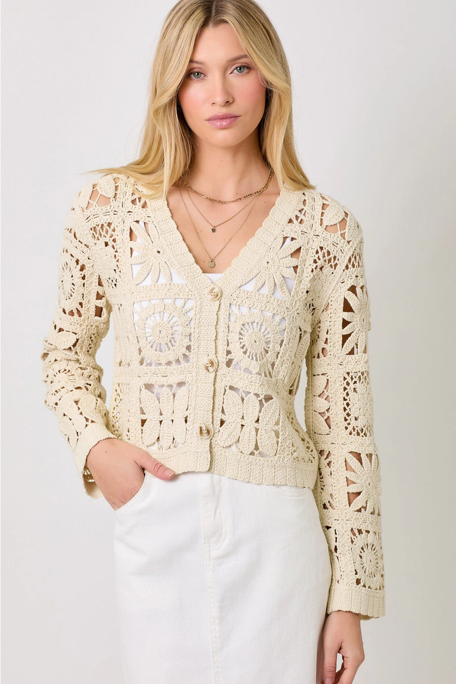 Beige Blossoms Crochet Button Up Cardigan