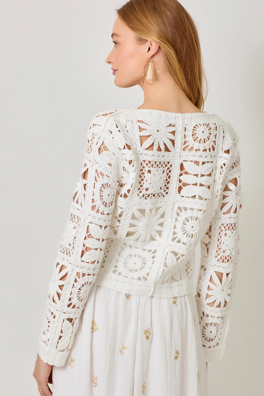 White Blossoms Crochet Button Up Cardigan