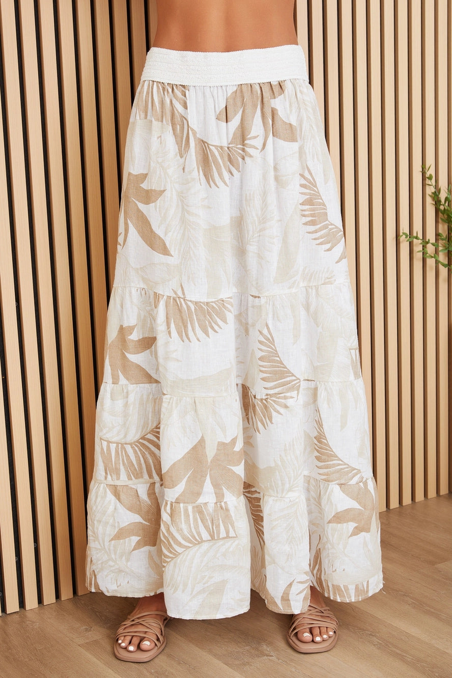 Hawaiian Print Tiered Linen Maxi Skirt