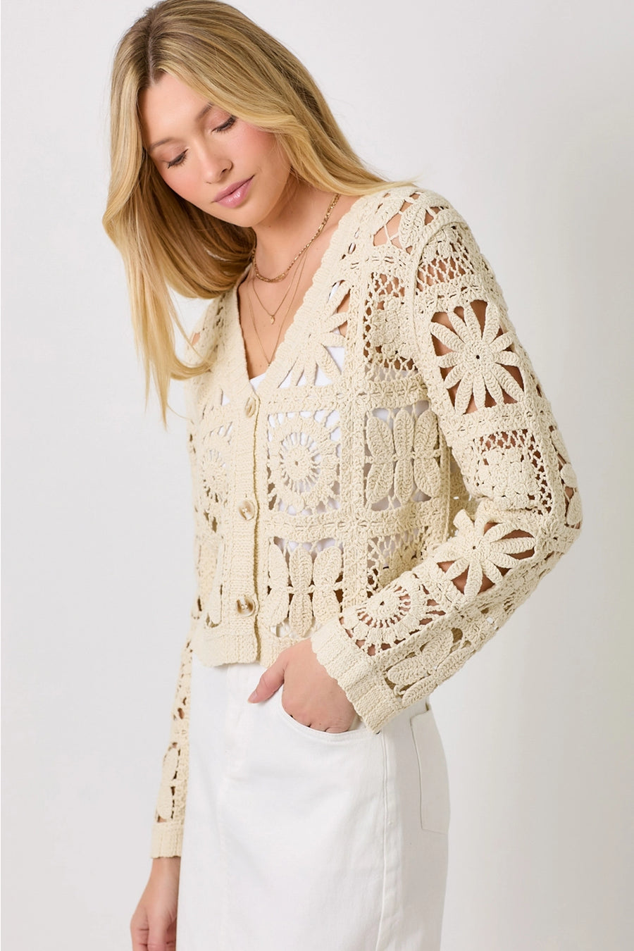 Beige Blossoms Crochet Button Up Cardigan