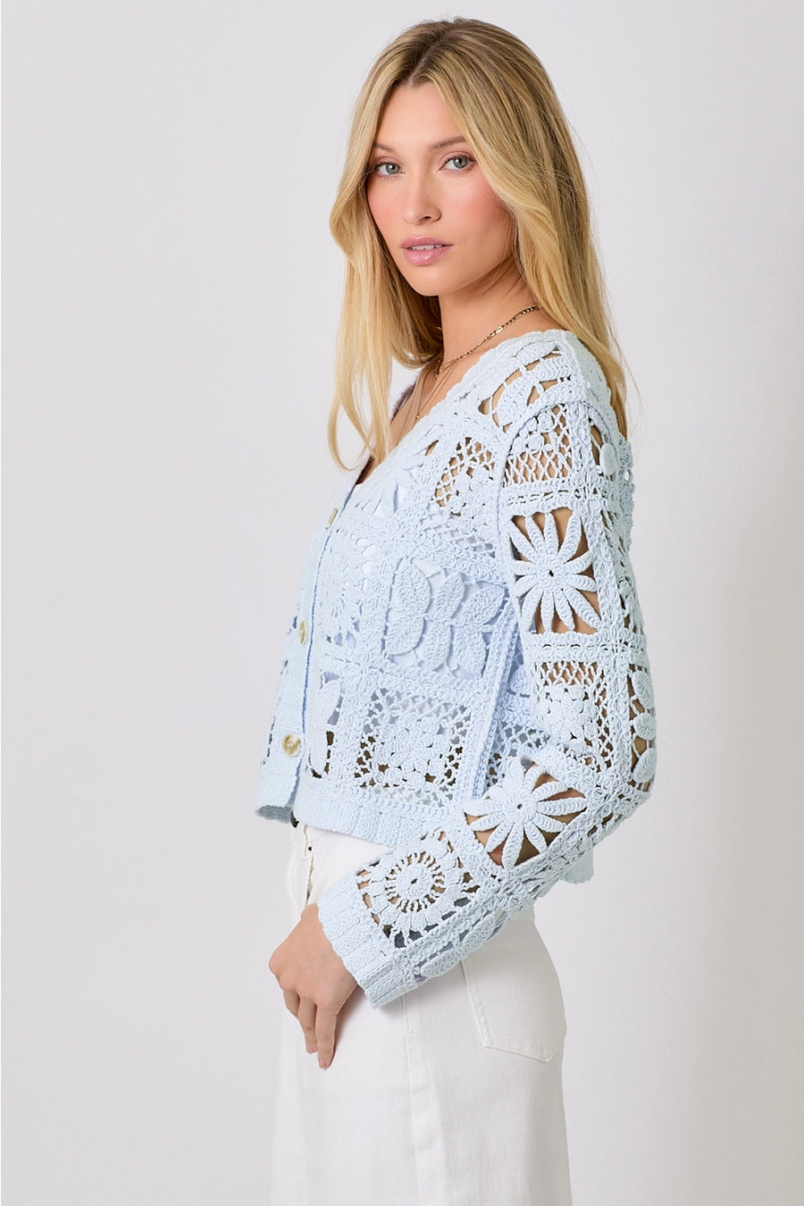 Baby Blue Blossoms Crochet Button Up Cardigan