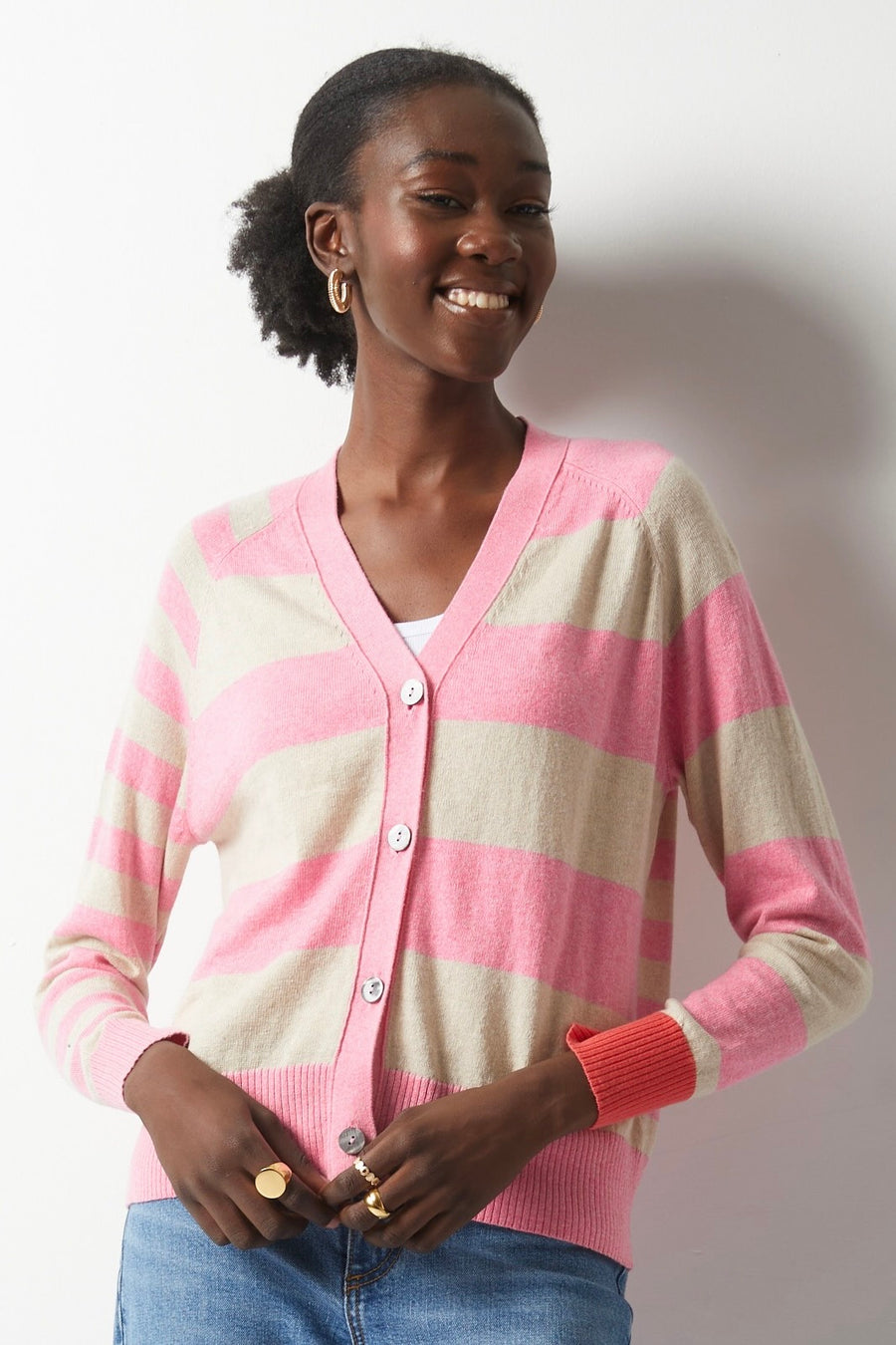 Zaket and Plover Essential Stripe Cardi Sweater - Bloom