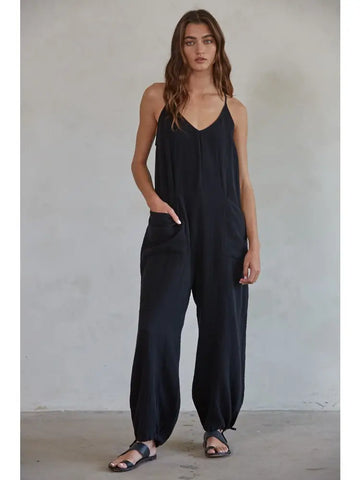 Cotton Gauze V-Neck Oversize Wide Leg Jumpsuit