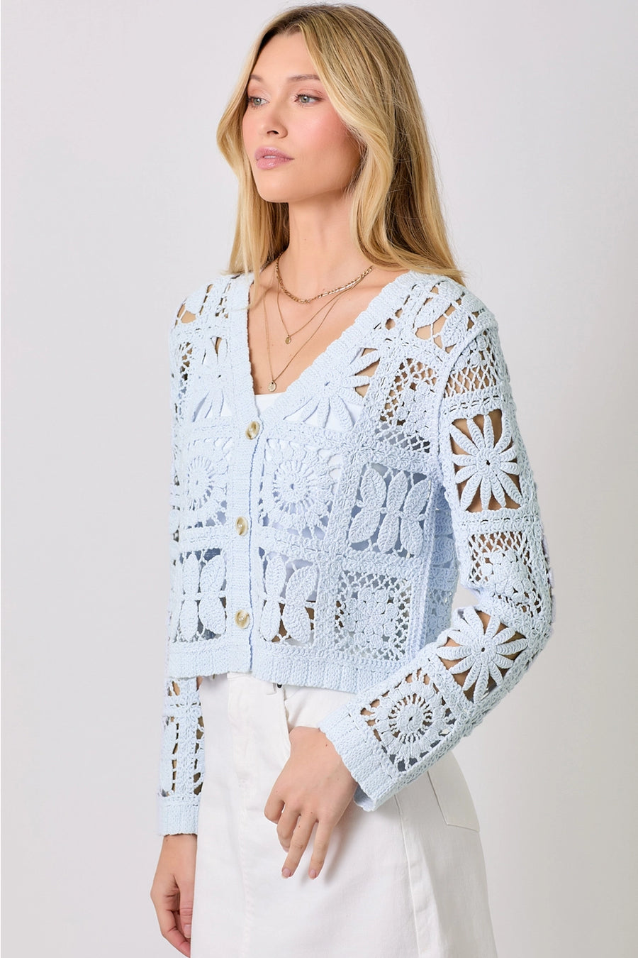 Baby Blue Blossoms Crochet Button Up Cardigan