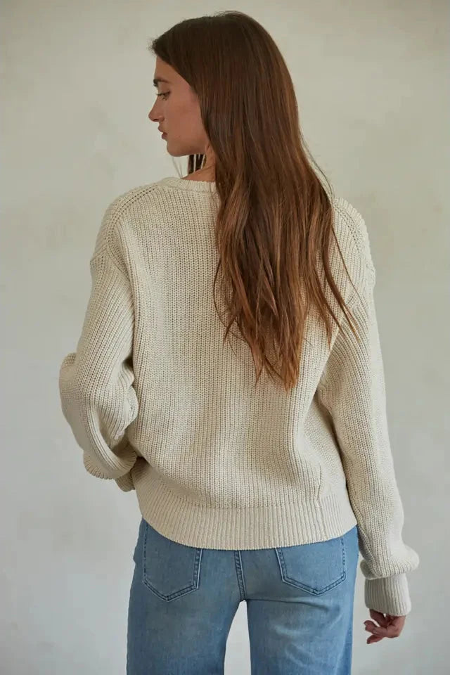 Cotton Ribbed Knit Long Sleeve Pullover Sweater