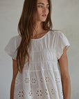 Woven Cotton Embroidered Eyelet Ruched Top