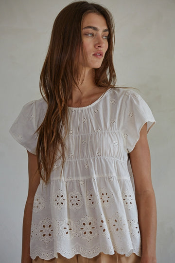 Woven Cotton Embroidered Eyelet Ruched Top