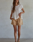 Woven Cotton Embroidered Eyelet Ruched Top