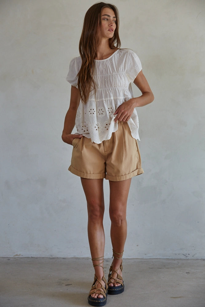 Woven Cotton Embroidered Eyelet Ruched Top