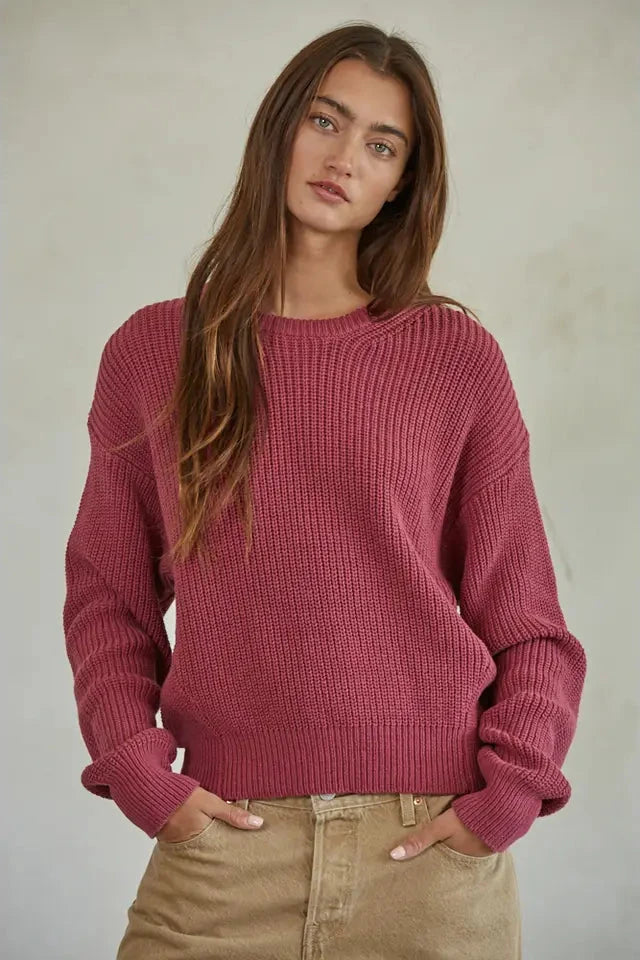 Cotton Ribbed Knit Long Sleeve Pullover Sweater