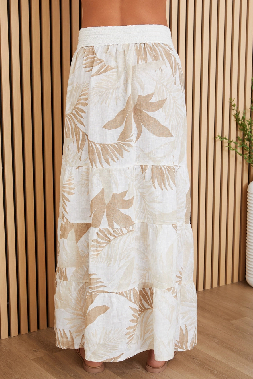 Hawaiian Print Tiered Linen Maxi Skirt