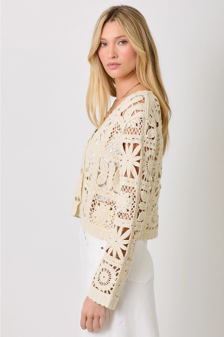 Beige Blossoms Crochet Button Up Cardigan