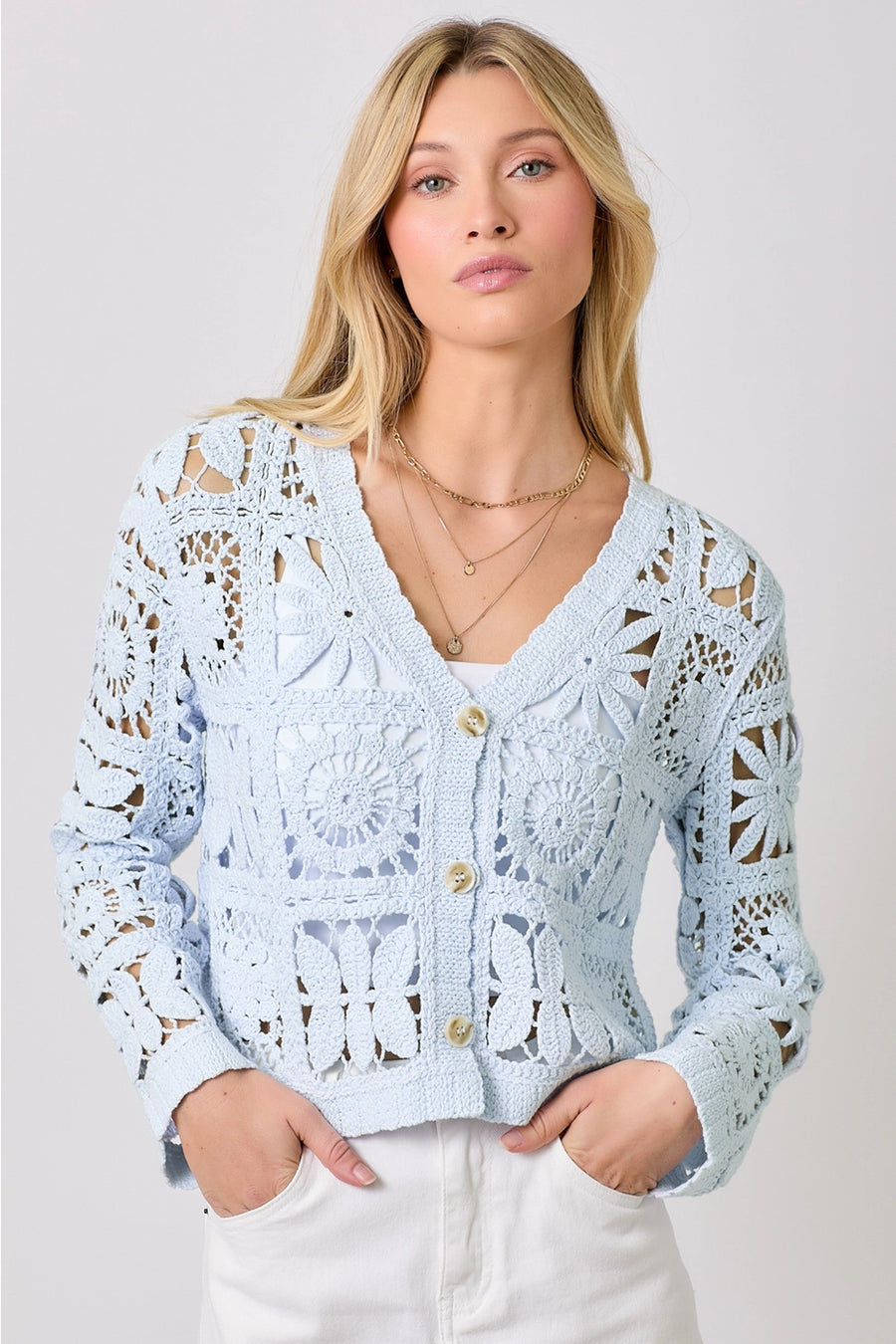 Baby Blue Blossoms Crochet Button Up Cardigan