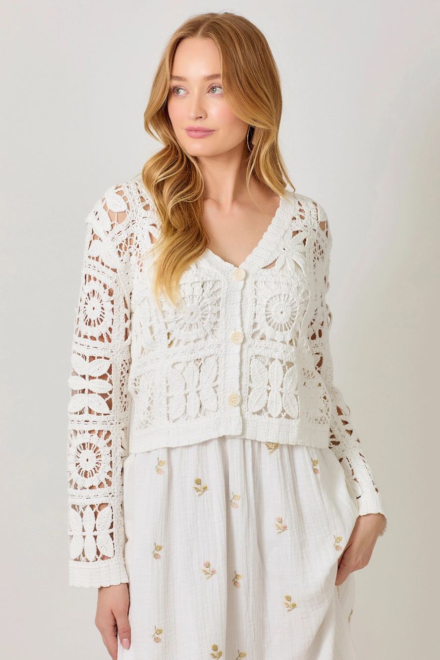 White Blossoms Crochet Button Up Cardigan