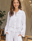 Linen Button Down Top with Embroidery Trim