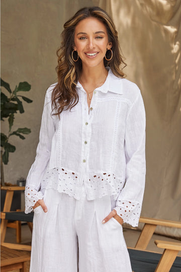 Linen Button Down Top with Embroidery Trim