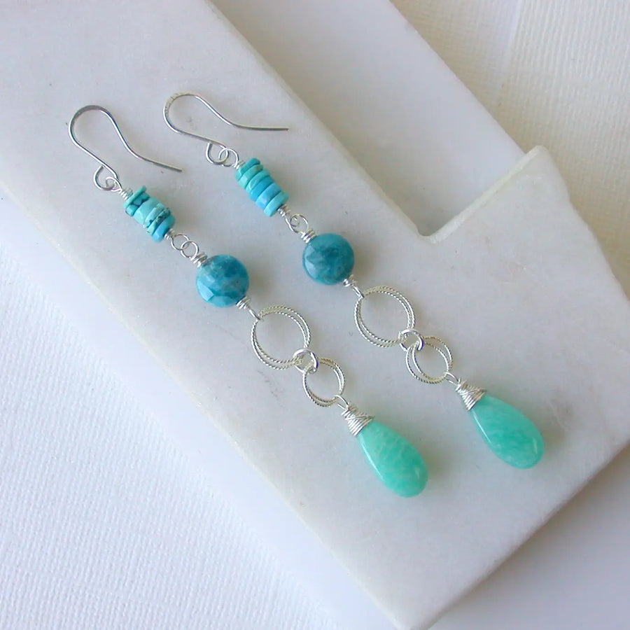 Long Beachy Gemstone Sterling Silver Earrings