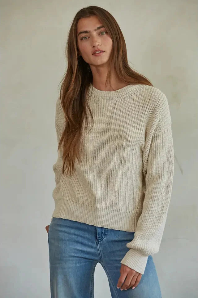 Cotton Ribbed Knit Long Sleeve Pullover Sweater