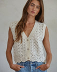 Cotton Crochet V-Neck Button Down Vest