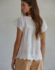 Woven Cotton Embroidered Eyelet Ruched Top