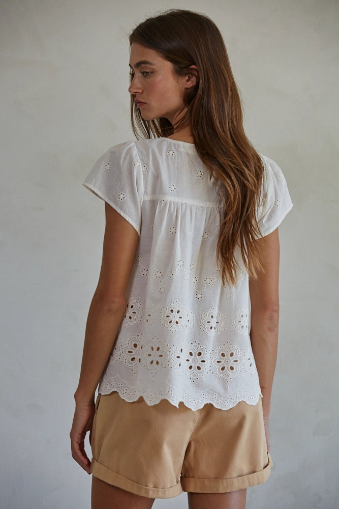 Woven Cotton Embroidered Eyelet Ruched Top