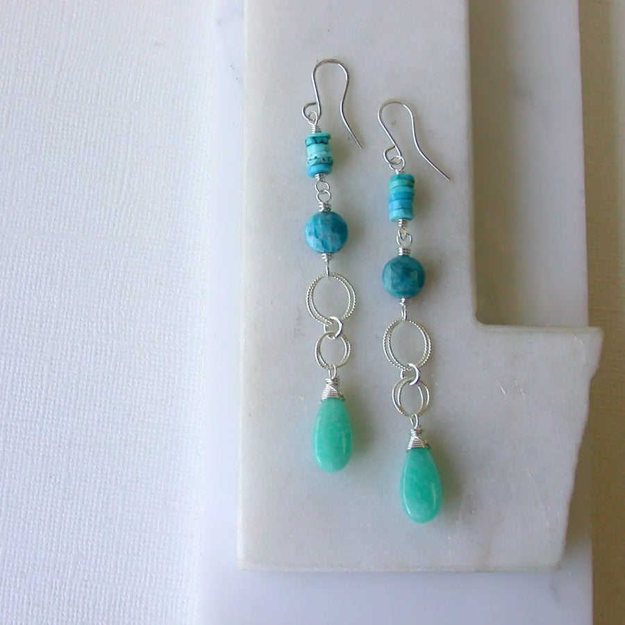 Long Beachy Gemstone Sterling Silver Earrings